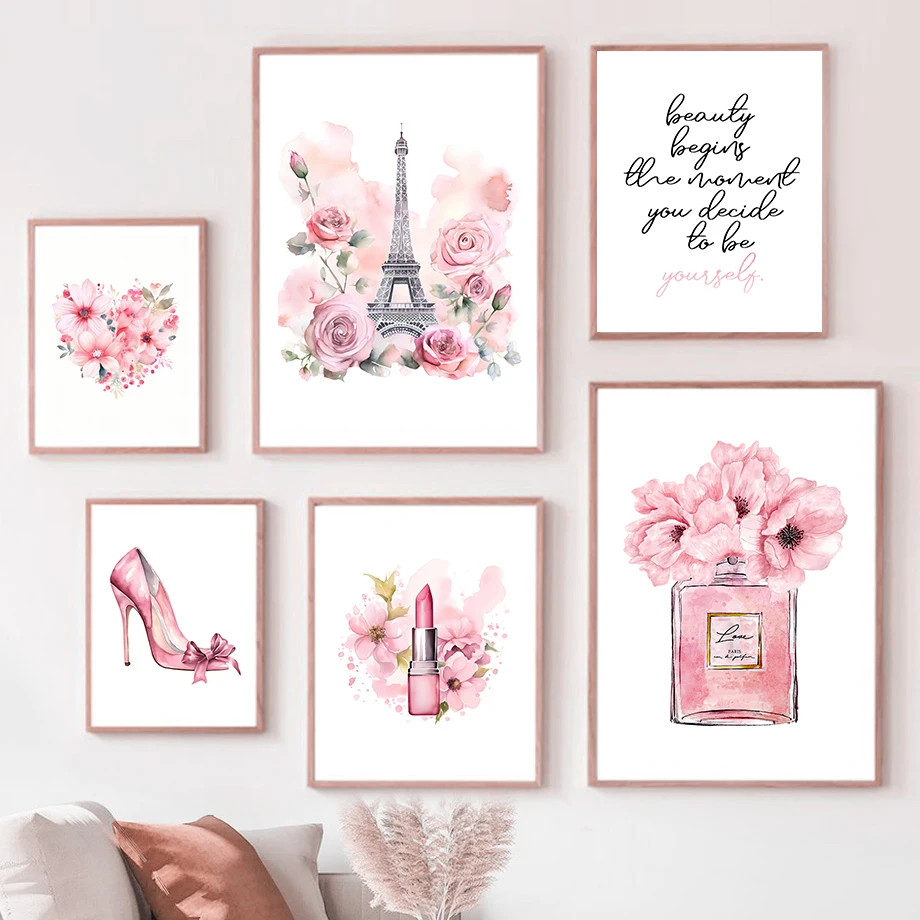 Perfume Villa Fragrance - ปารีสแฟชั่นโปสเตอร์ศิลปะสีชมพู EIFFEL Tower ขวดน้ําหอม Wall Art