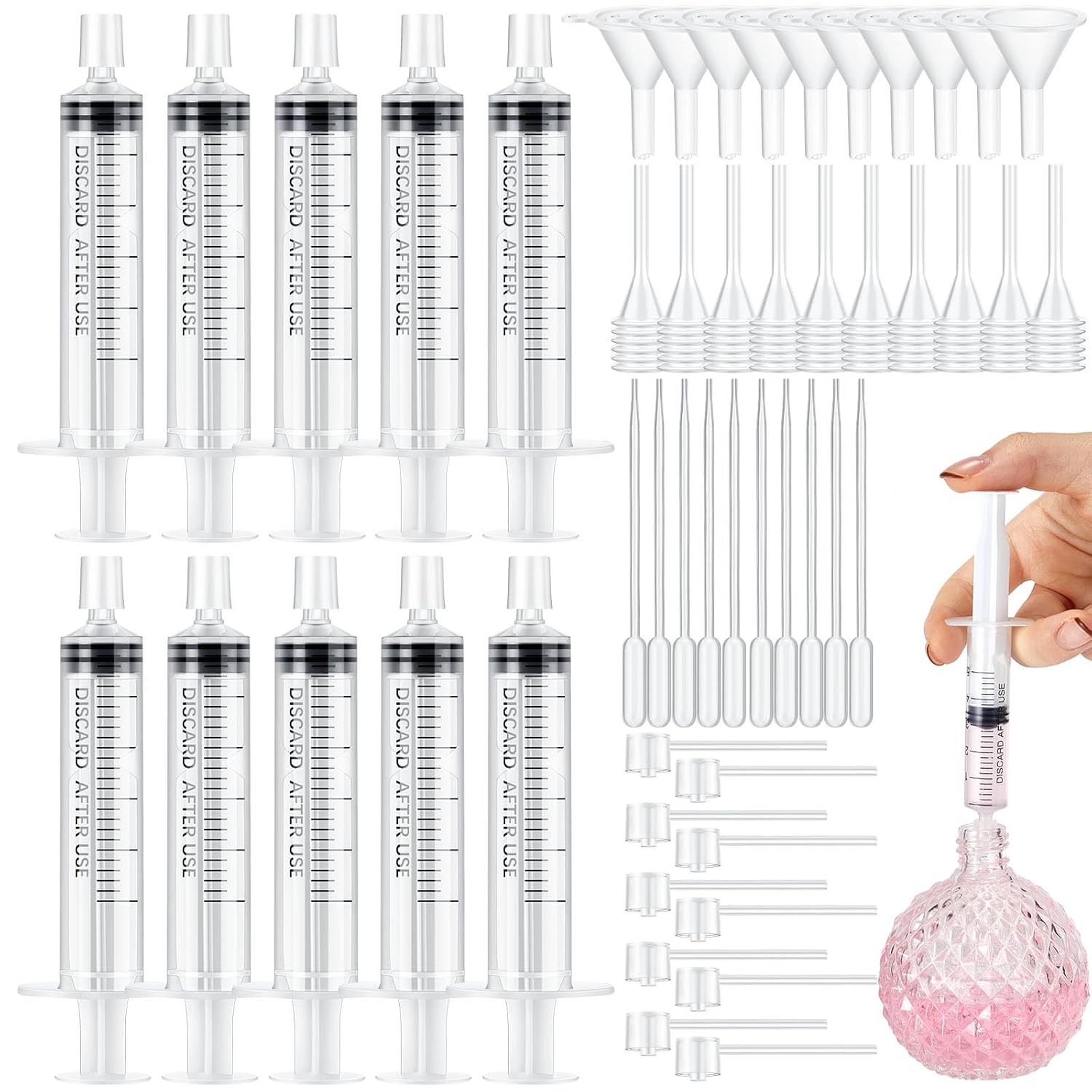 Fragrance Atomizer Pump - 25/50PCS น้ําหอมเติมปั๊มเครื่องมือ Transfer ชุดรวมทั้งช่องทาง,ปั๊มจ่าย,เข็มฉีดยา,Dropper และบีบหยด