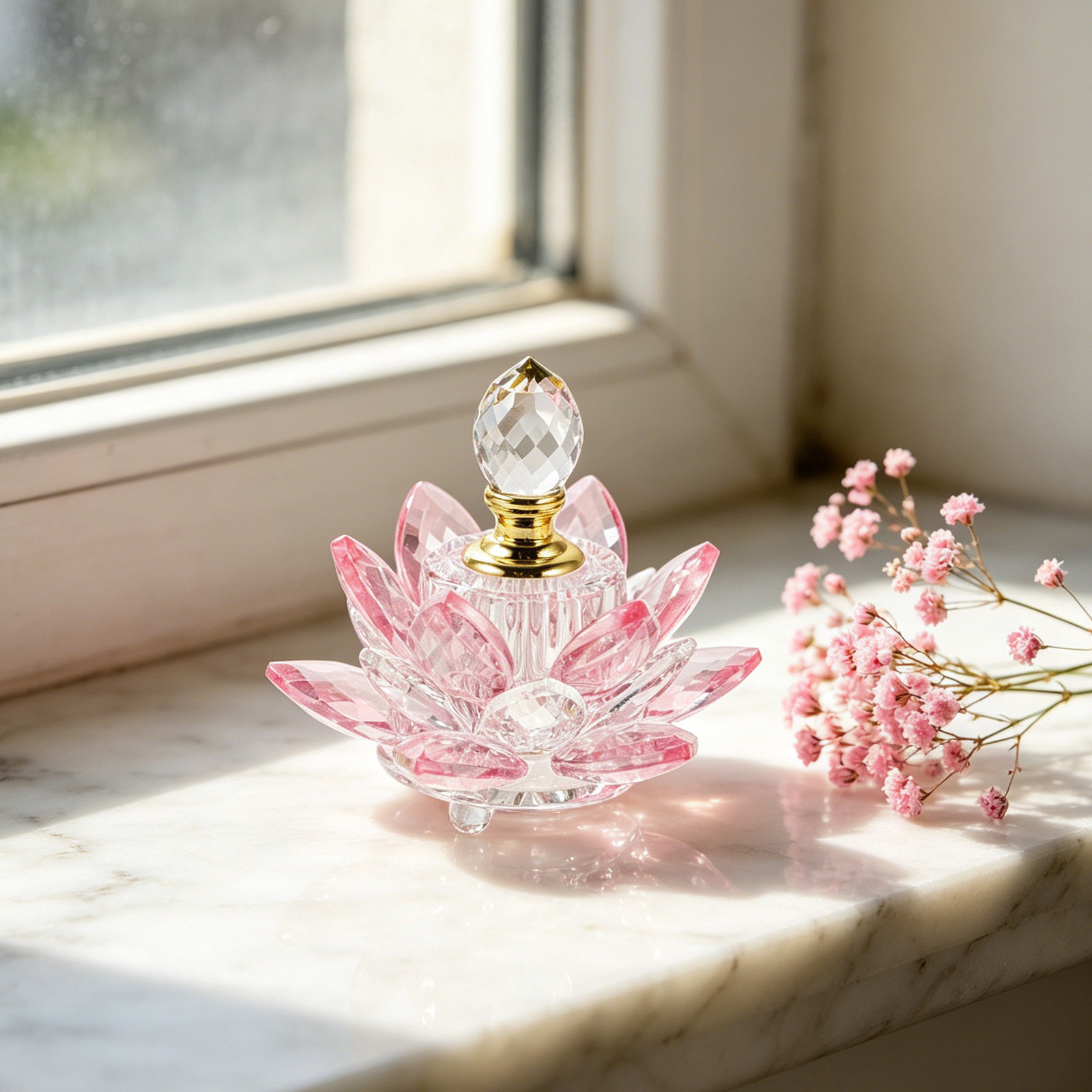 Perfume Refill Bottle - ขวดน้ำหอมรูปดอกบัวคริสตัลแบบเติมได้ ขวดแก้วเปล่าดีไซน์หรูหราสำหรับห้องนอน โต๊ะเครื่องแป้ง และอโรมาเธอราพี พร้อมหัวหยด
